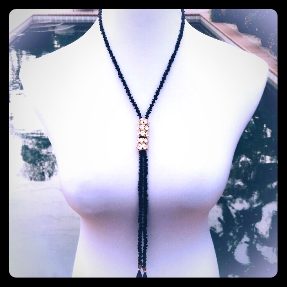 NEW Black & Gold Bead Rings Choker Tassel Necklace - Picture 3 of 7